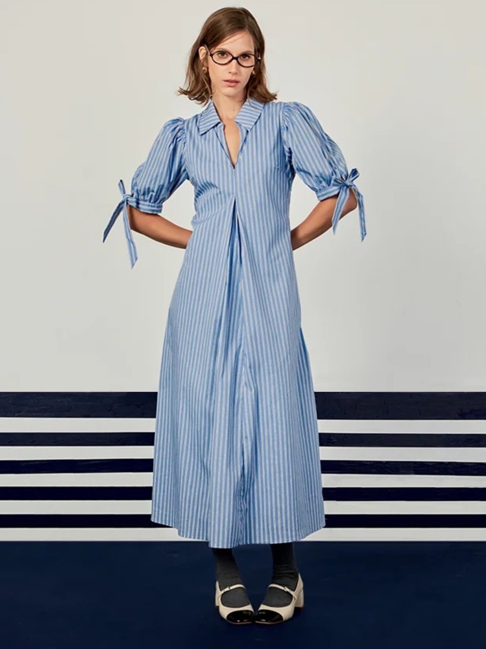 English Factory NWOT Size 1X Powder Blue Striped Godet Midi Dress
